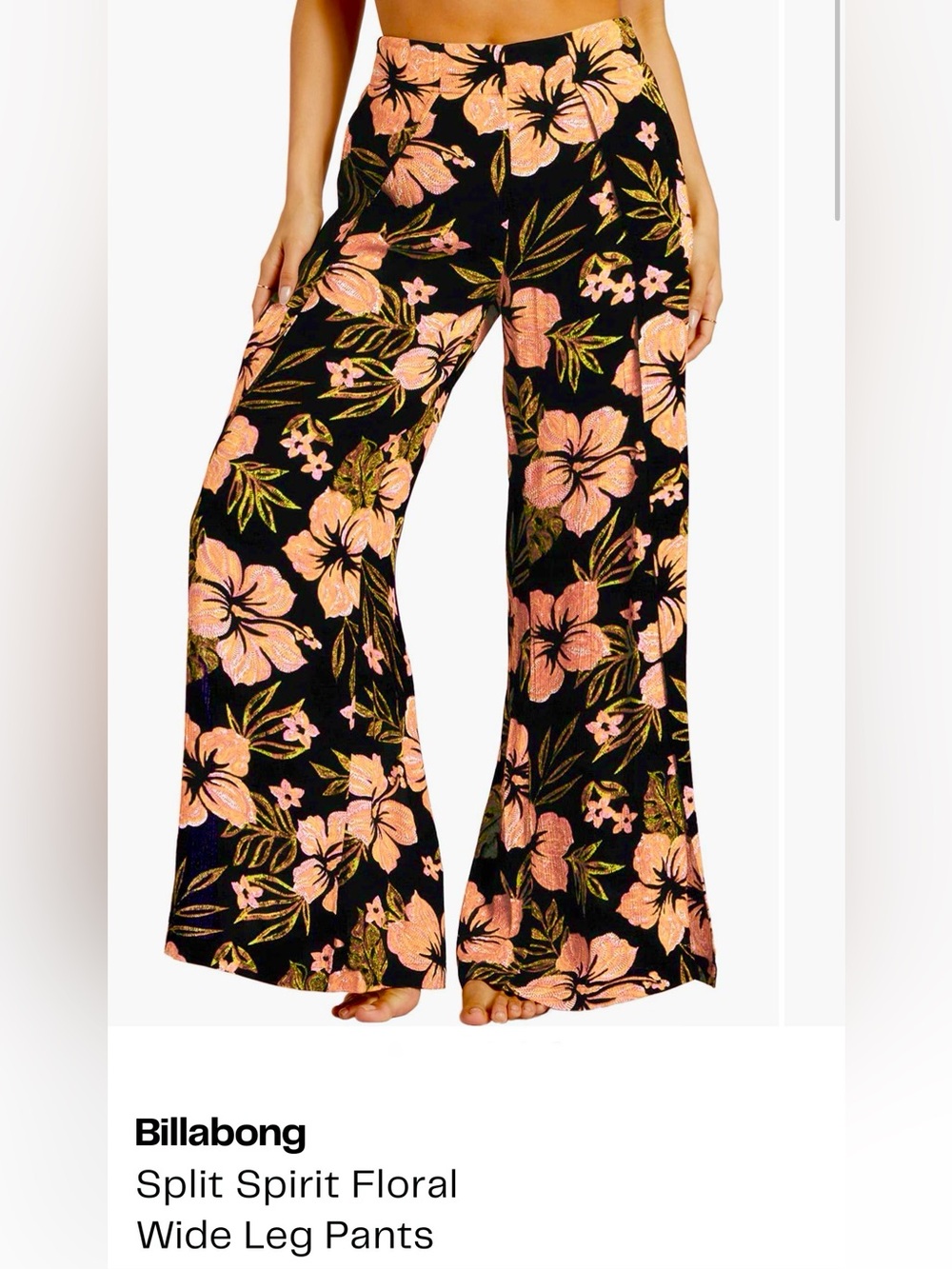Billabong high-rise wide split leg floral pant BLACK PEACH PINK WHITE NWT S